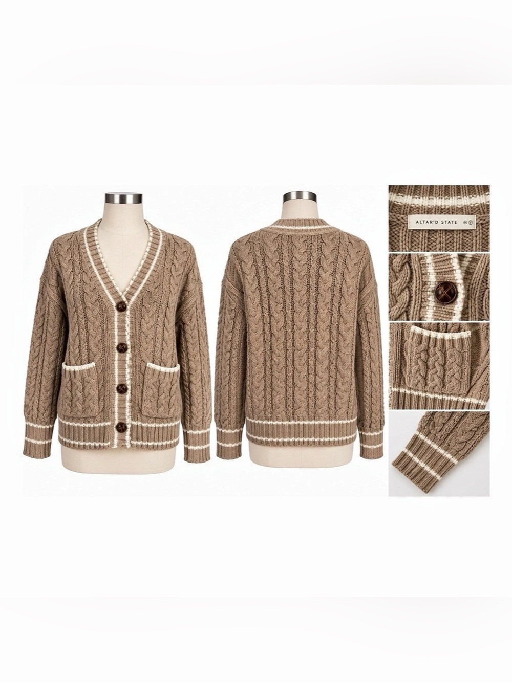 Altar’d State Cable Knit Cardigan Women’s S Taupe Cream Oversized